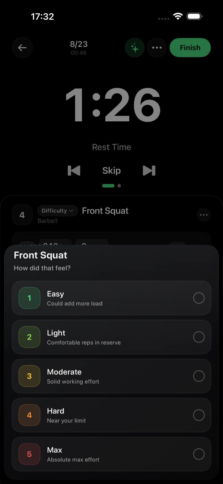 Post-set difficulty rating from easy to max