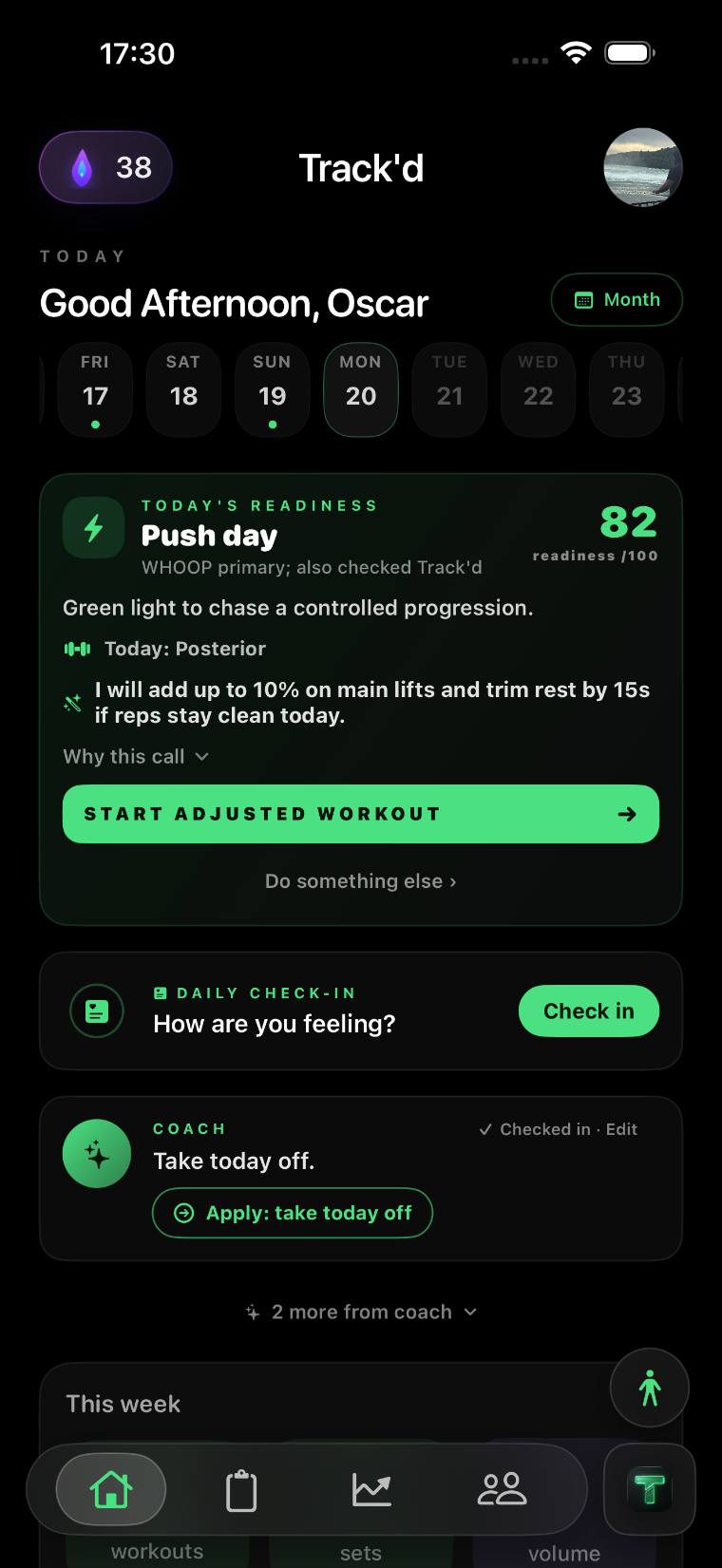 Readiness 82 built from WHOOP, with today's adjusted session