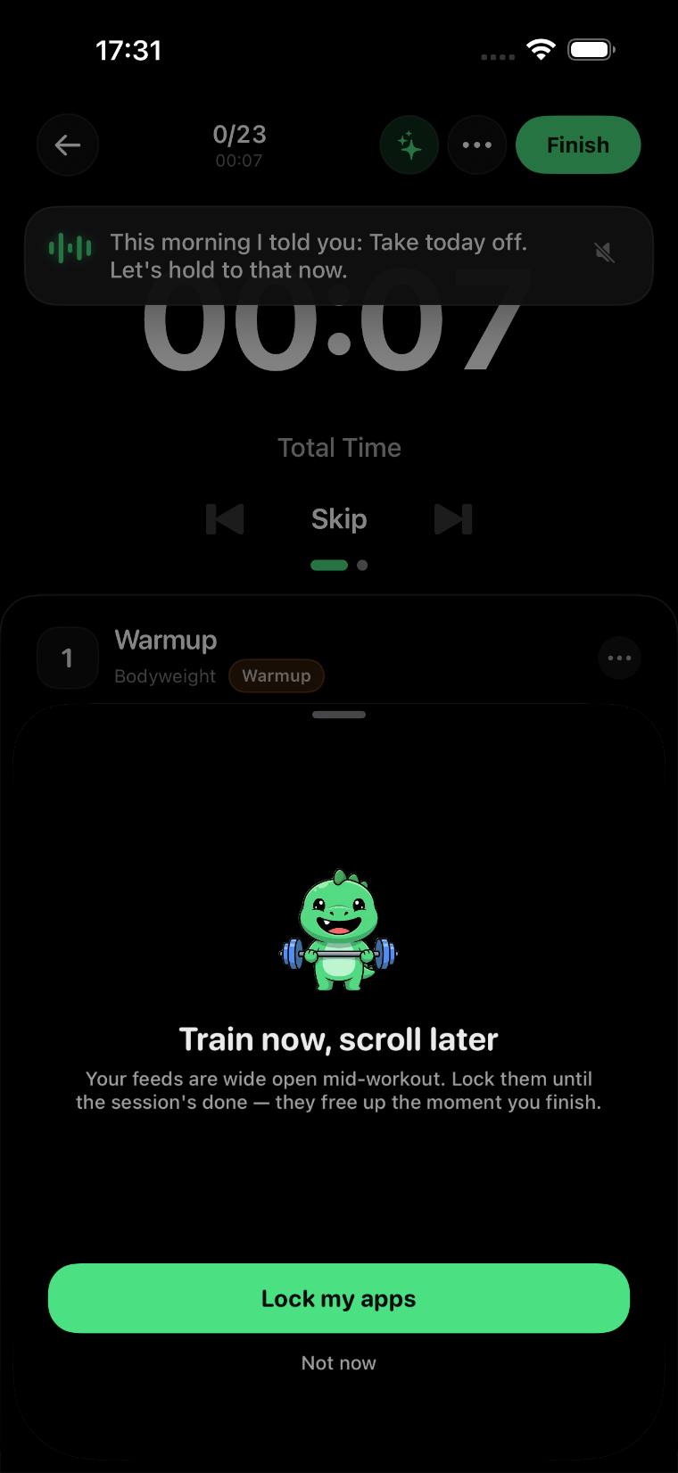 App lock during a session — train now, scroll later