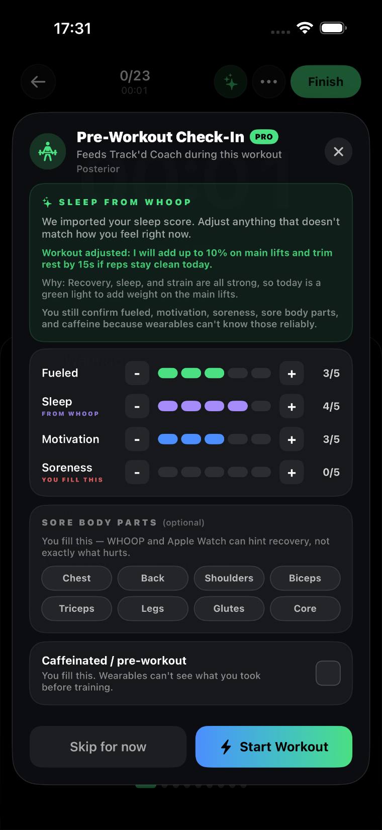 Pre-workout check-in reading sleep from WHOOP and adjusting the session